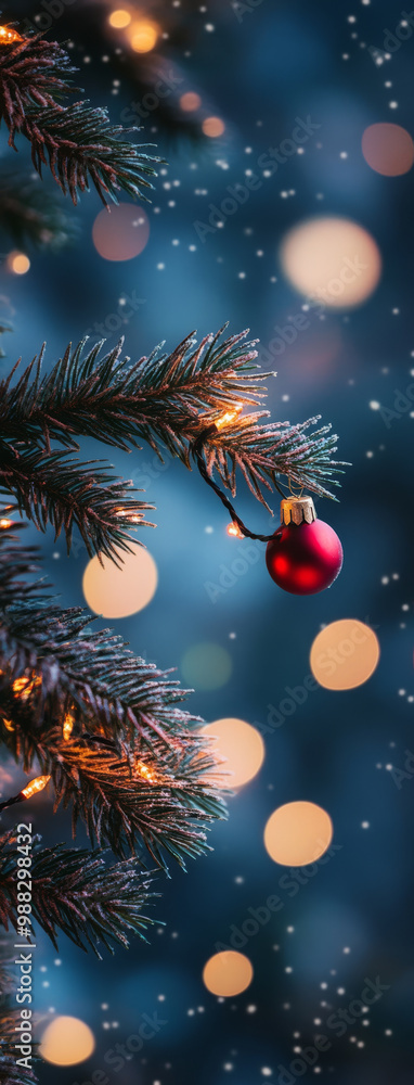 A festive red ornament hangs delicately from pine branch, surrounded by soft, glowing lights and gentle snowfall, creating warm holiday atmosphere A festive red ornament hangs delicately from pine branch, surrounded by soft, glowing lights and gentle snowfall, creating warm holiday atmosphere