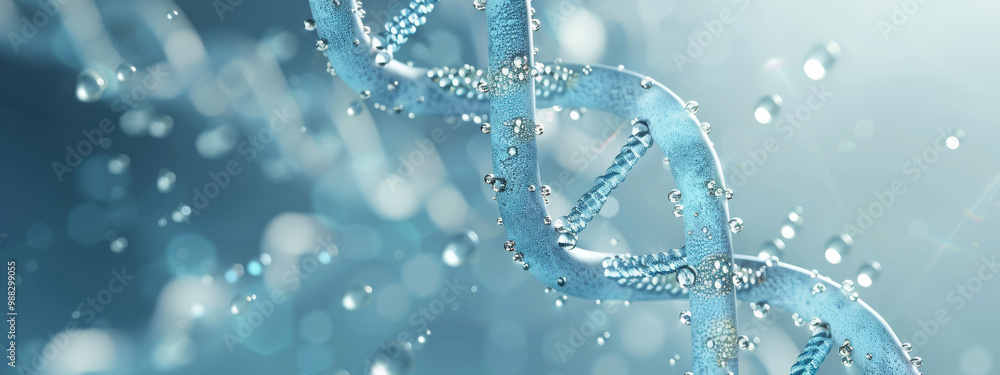 image showcases close up view of DNA double helix structure, highlighted by droplets of water, symbolizing life and genetic science. intricate details evoke sense of wonder and discovery in field of image showcases close up view of DNA double helix structure, highlighted by droplets of water, symbolizing life and genetic science. intricate details evoke sense of wonder and discovery in field of