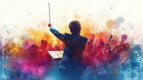 Conductor raising baton, full orchestra ready to perform, classical music concert, watercolor style