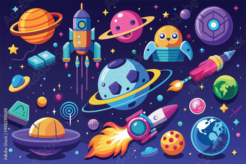 A collection of vibrant cosmic design elements featuring planets, rockets, and whimsical characters, perfect for a space-themed video game project.