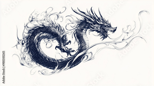 Illustration dragon tattoo design white background isolated on white background,. Created using Generative AI Technology 