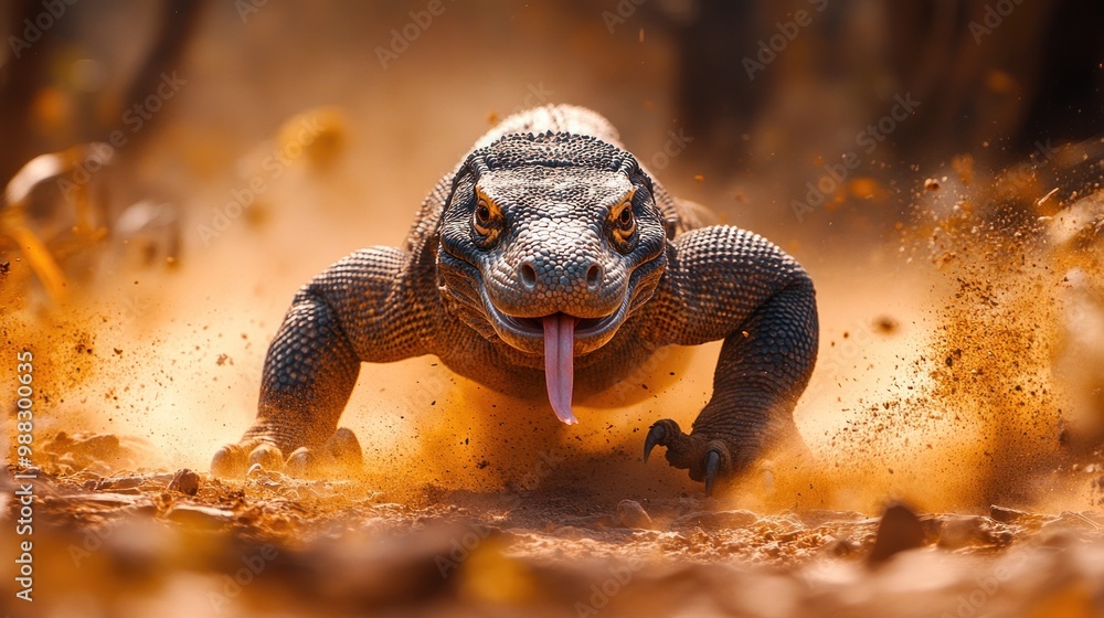 A Komodo dragon lunging through a dusty landscape. A Komodo dragon lunging through a dusty landscape.