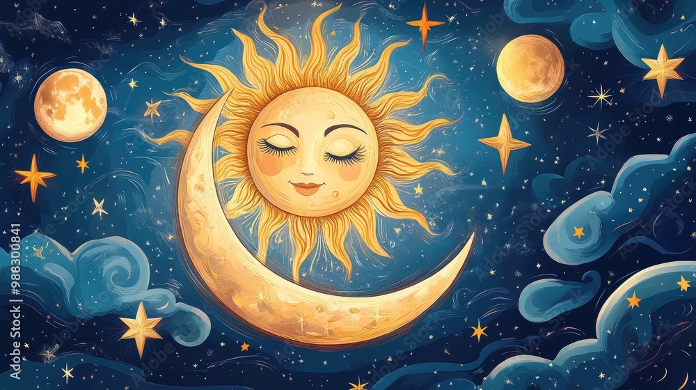 Celestial illustration featuring the sun moon and stars