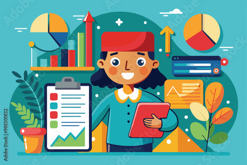 A cheerful individual stands with a tablet and clipboard, surrounded by design statistics, charts, and plants in a vibrant office environment.