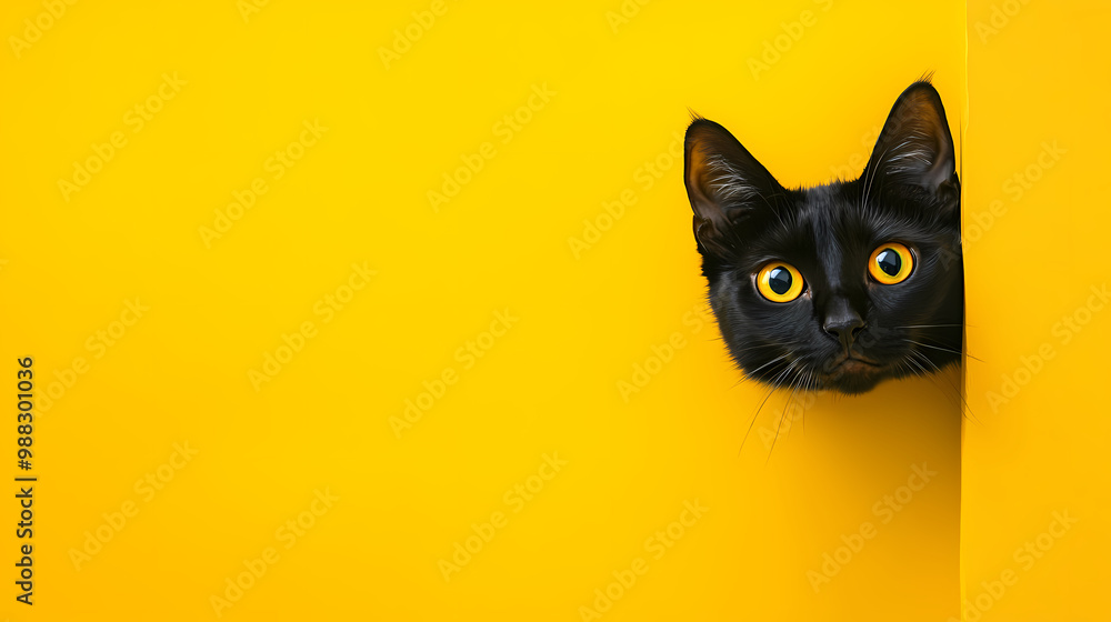 Black cat staring at bright yellow background Black cat staring at bright yellow background