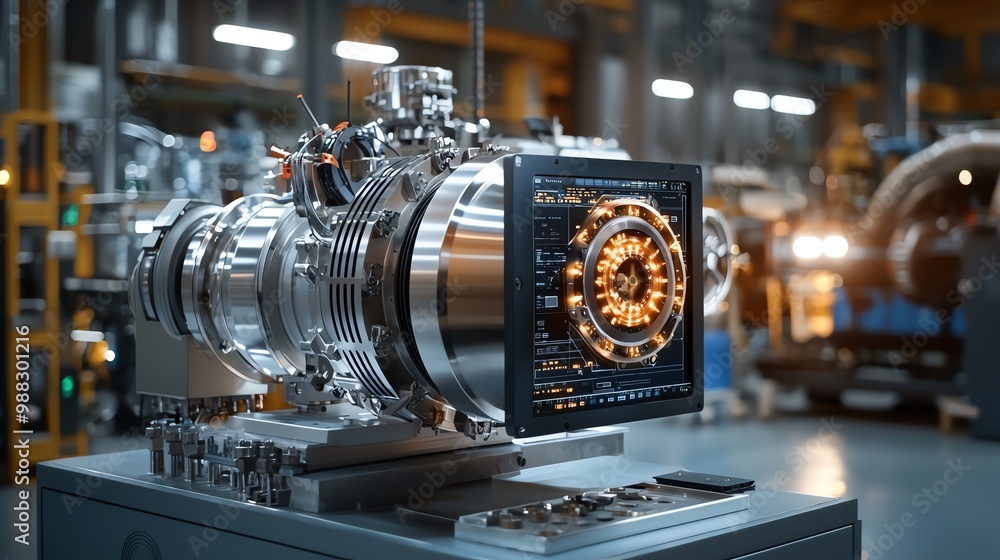 Fototapeta premium Advanced turbine with digital interfaces displaying energy conversion, modern hydropower innovation