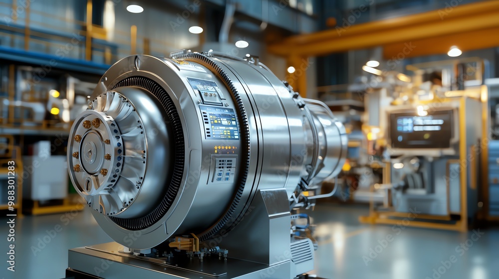 Advanced turbine with digital interfaces displaying energy conversion, modern hydropower innovation Advanced turbine with digital interfaces displaying energy conversion, modern hydropower innovation