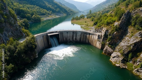 Aerial view of a futuristic dam with green tech elements, clean energy innovation, sustainable hydropower