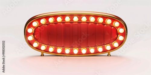 Vintage promotional sign with red marquee and golden light bulbs on a white backdrop, illustrated.