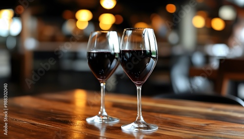 Intimate setting with two glasses of red wine on a rustic wooden table in a cozy restaurant atmosphere