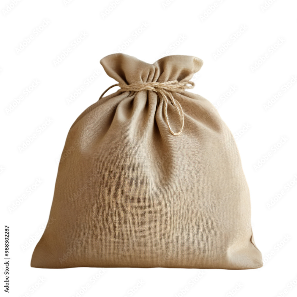 Ecofriendly white cotton bag with ties on white and transparent background. PNG cutout. Ecofriendly white cotton bag with ties on white and transparent background. PNG cutout.