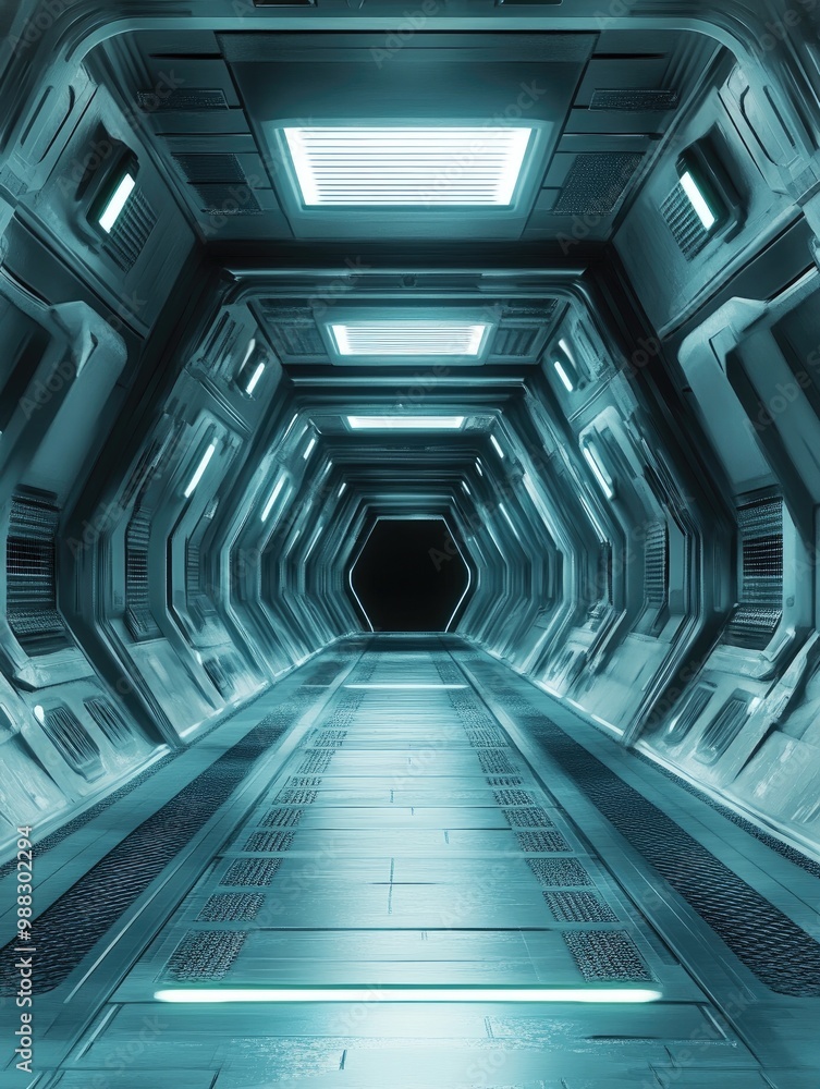 Futuristic 3D illustration showcasing the interior of a spaceship s gangway Futuristic 3D illustration showcasing the interior of a spaceship s gangway
