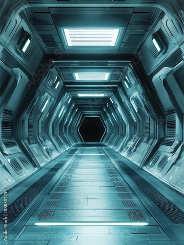 Futuristic 3D illustration showcasing the interior of a spaceship s gangway