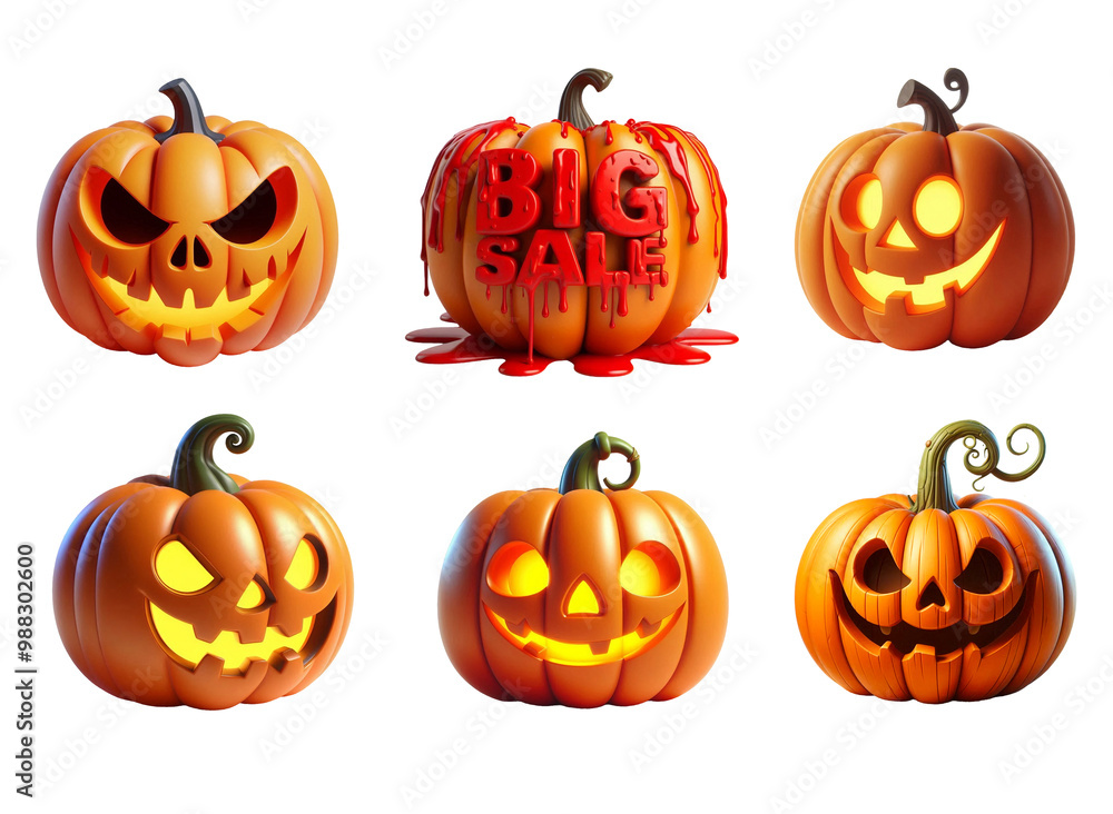 Halloween pumpkin set decorative elements for design 3d objects in cartoon style isolated on PNG background. Generative AI. Halloween pumpkin set decorative elements for design 3d objects in cartoon style isolated on PNG background. Generative AI.