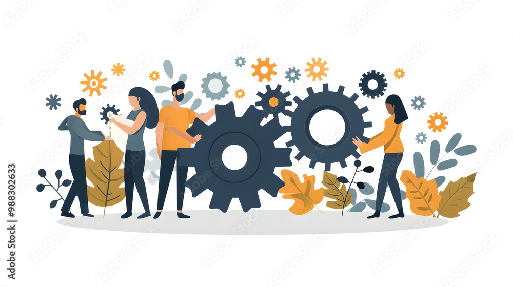 Team of people joining gears as metaphor for effective teamwork and finding working solution Team of people joining gears as metaphor for effective teamwork and finding working solution