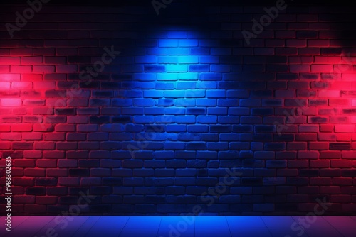 Brick wall illuminated by red and blue spotlights