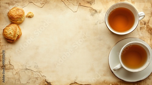 Top view of two cups of tea with scones on an old vintage background. photo