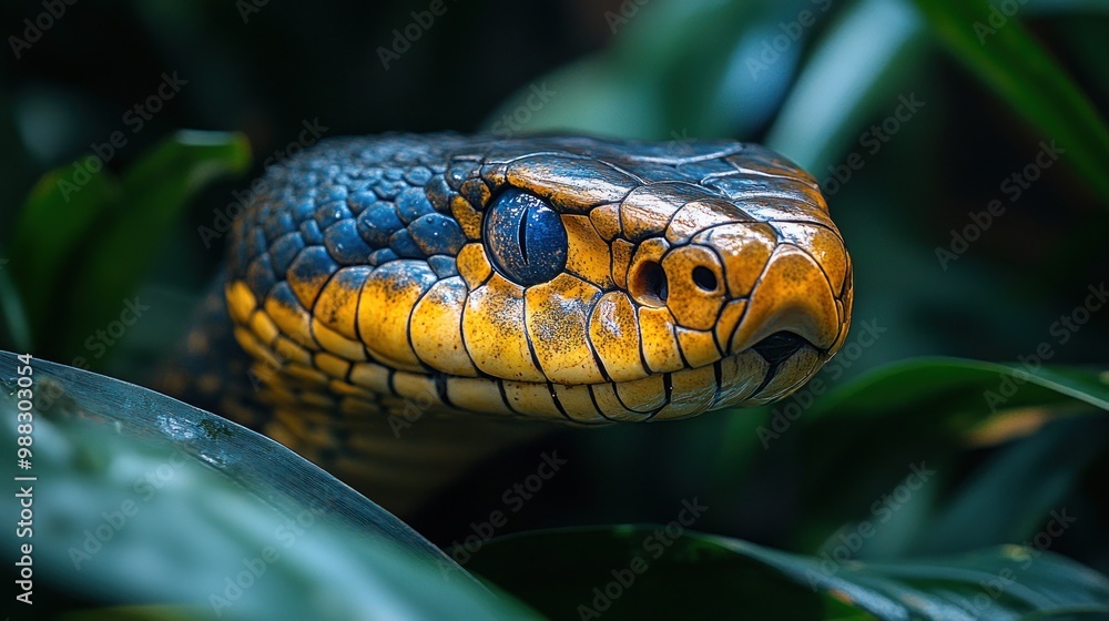 Close-up of a vibrant snake among lush green foliage. Close-up of a vibrant snake among lush green foliage.