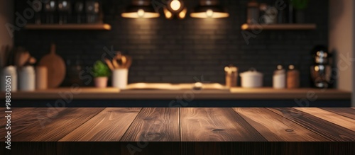 Dark Brown Wooden Tabletop With A Blurred Kitchen Backdrop