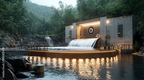 Conceptual image of futuristic hydroelectric dam with ecodesign elements, clean energy, green tech photo