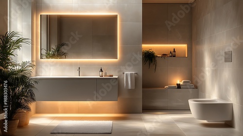A clean, modern bathroom featuring light gray tiles, soft overhead lighting, and minimalist decor. The large mirror and sleek vanity enhance the calm and serene feel of the space,