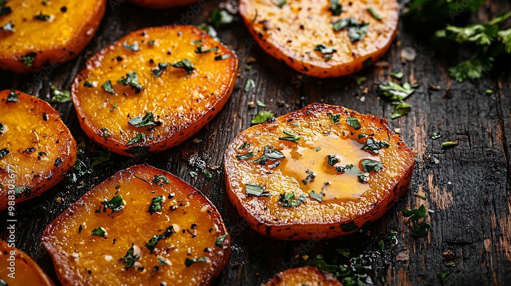 Golden-crusted yam slices rest on a weathered table, enhanced by a drizzle of olive oil and a sprinkle of fresh herbs. Golden-crusted yam slices rest on a weathered table, enhanced by a drizzle of olive oil and a sprinkle of fresh herbs.