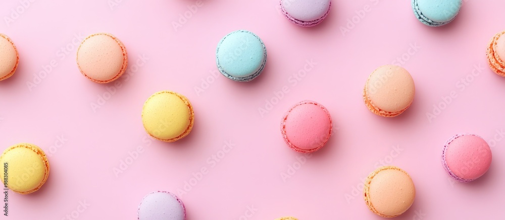Colorful Macaron Desserts On Pink Background Top View Colorful Macaron Desserts On Pink Background Top View