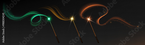 Magic wands set with sparkling swirls isolated on transparent background. Vector realistic illustration of sticks with neon green, yellow, orange light trail, fairytale energy motion, miracle power