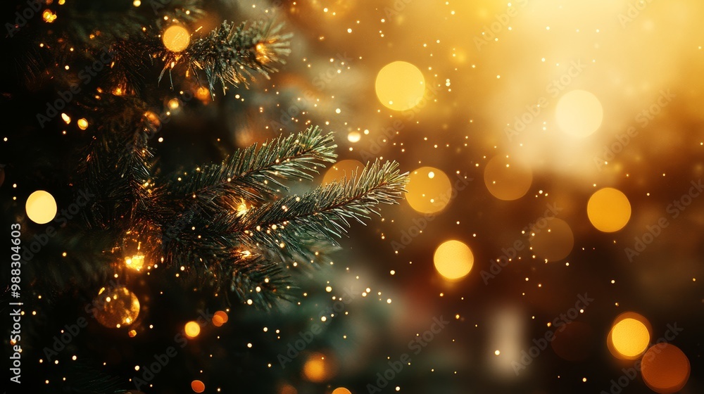 Naklejka premium Christmas tree with gold blurred lights. Christmas background