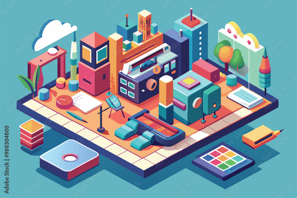Fototapeta premium A lively workspace showcases colorful tools and buildings, highlighting creativity and design activities in a contemporary urban environment.