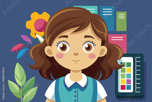 A young girl with brown hair smiles in her colorful workspace, surrounded by design tools and creative materials, ready for artistic projects.