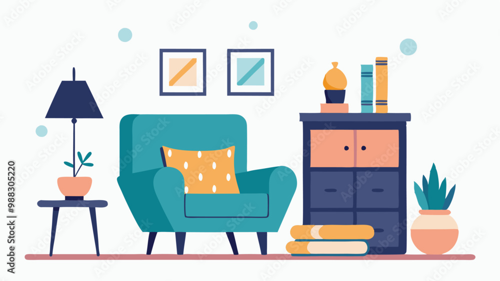 Fototapeta premium Stylish Living Room Interior Vector Armchair, Cabinet, Decor Elements on White Background