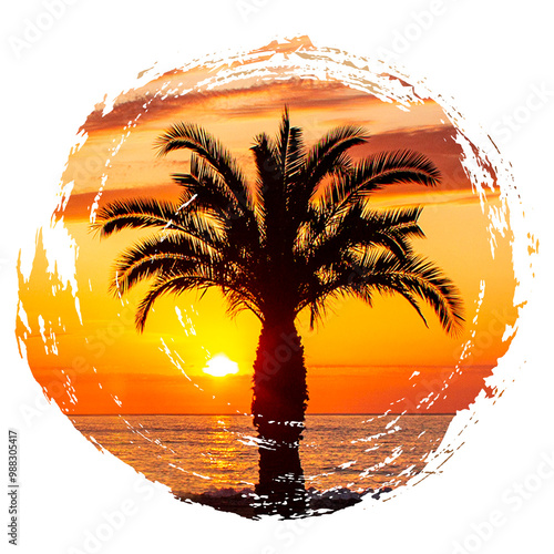 Sunset in grunge frame. Sea sunset with palm tree. Border  grunge style.