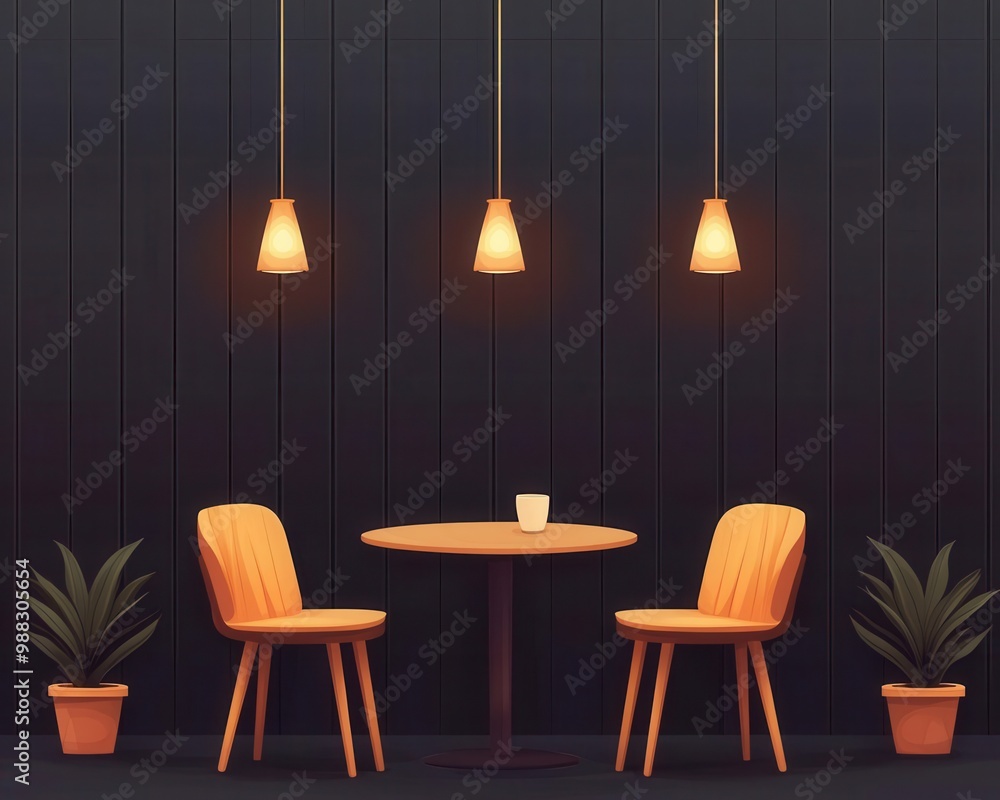 Cafe seating arrangement, tables and chairs displayed symmetrically, flat design illustration Cafe seating arrangement, tables and chairs displayed symmetrically, flat design illustration