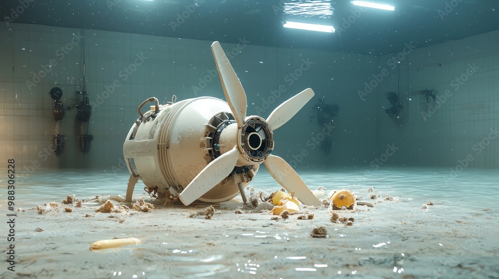 Obraz premium Futuristic turbine submerged in pristine water, illustrating clean hydropower technology, advanced design