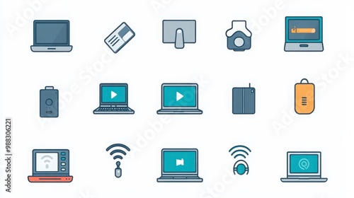 Technology thin line icon set. Containing a laptop in silver, smartphone in black, desktop computer in gray, tablet in white, smartwatch in blue, router in green, Wi-Fi signal in orange