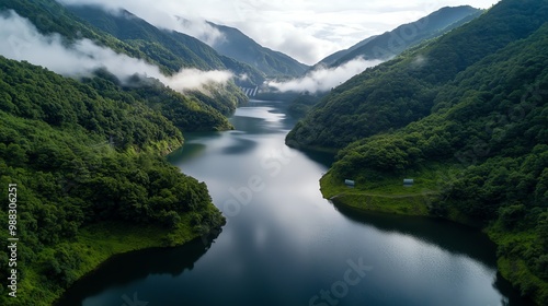 Hightech dam in a lush valley with digital energy meters, clean hydropower innovation concept