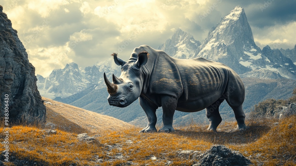 Fototapeta premium Black rhinoceros with a stunning mountain backdrop