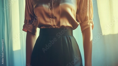 Woman wearing a high waisted skirt paired with a silk blouse photo