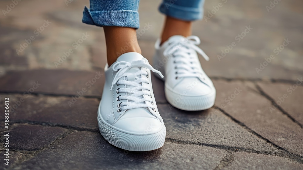 Stylish white sneakers on a woman s feet close up Stylish white sneakers on a woman s feet close up