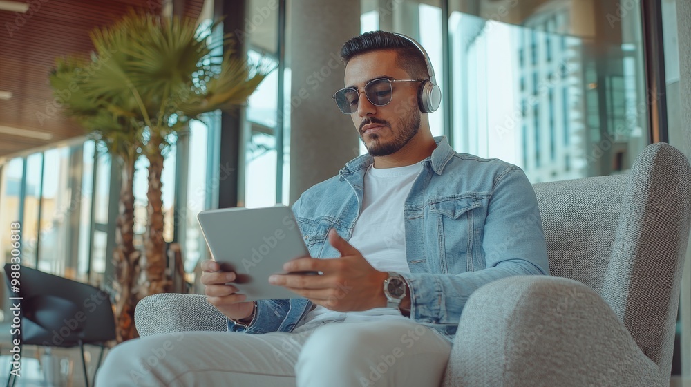 A stylish man relaxes in a modern setting, enjoying music on his tablet while wearing headphones and sunglasses. A stylish man relaxes in a modern setting, enjoying music on his tablet while wearing headphones and sunglasses.