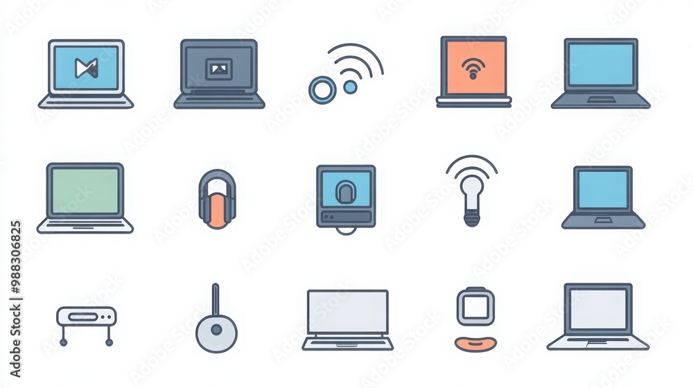 Technology thin line icon set. Containing a laptop in silver, smartphone in black, desktop computer in gray, tablet in white, smartwatch in blue, router in green, Wi-Fi signal in orange Technology thin line icon set. Containing a laptop in silver, smartphone in black, desktop computer in gray, tablet in white, smartwatch in blue, router in green, Wi-Fi signal in orange