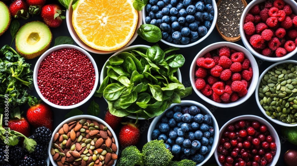 Assorted healthy superfoods displayed in bowls include vegetables fruits berries seeds and leafy greens arranged against a vibrant backdrop Assorted healthy superfoods displayed in bowls include vegetables fruits berries seeds and leafy greens arranged against a vibrant backdrop