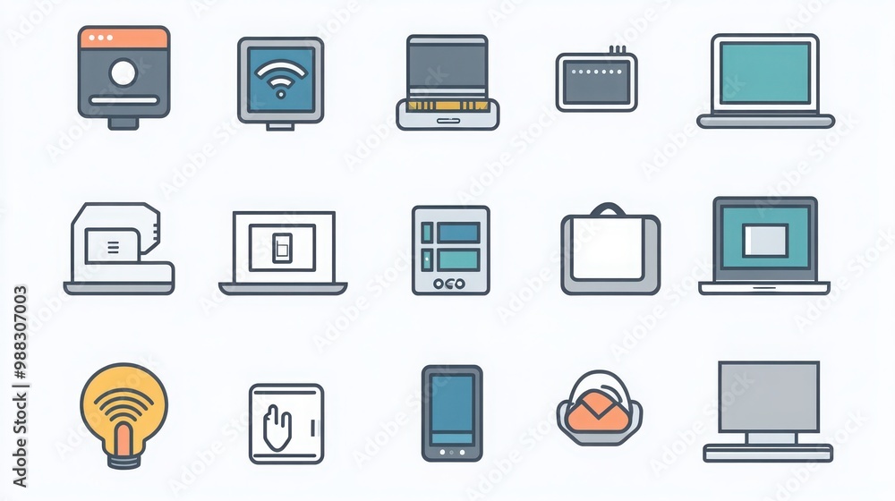 Technology thin line icon set. Containing a tablet in white, desktop computer in gray, smartphone in black, laptop in silver, smartwatch in blue, router in green, server in dark gray. Technology thin line icon set. Containing a tablet in white, desktop computer in gray, smartphone in black, laptop in silver, smartwatch in blue, router in green, server in dark gray.