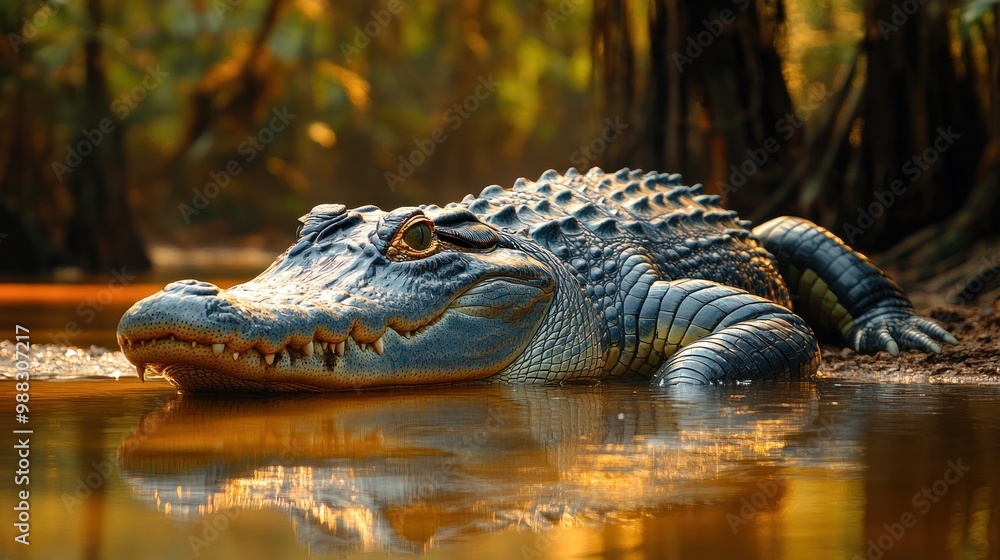 A close-up of a crocodile resting by the water in a lush environment. A close-up of a crocodile resting by the water in a lush environment.