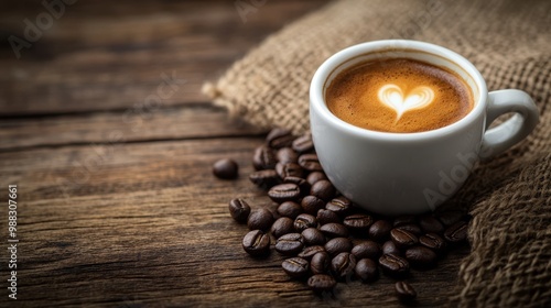 Espresso coffee cup with beans on vintage table. Coffee background