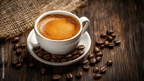 Espresso coffee cup with beans on vintage table. Coffee background