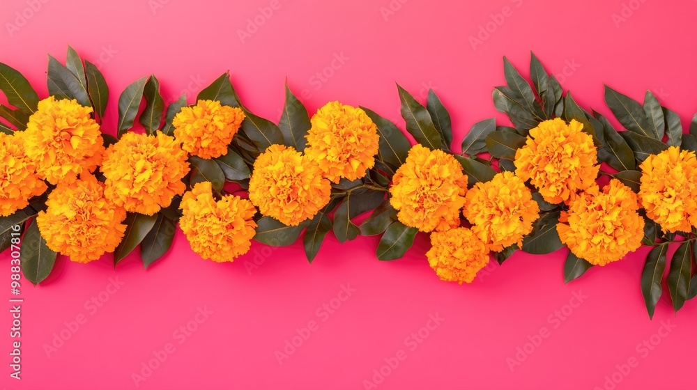 Traditional floral garland made of marigold flowers and mango leaves against a vibrant pink background Ideal decoration for festive celebrations weddings or cultural events Traditional floral garland made of marigold flowers and mango leaves against a vibrant pink background Ideal decoration for festive celebrations weddings or cultural events