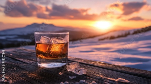 A glass of whiskey with ice sits on a rustic wooden table framed by a picturesque sunset over the mountains in winter photo