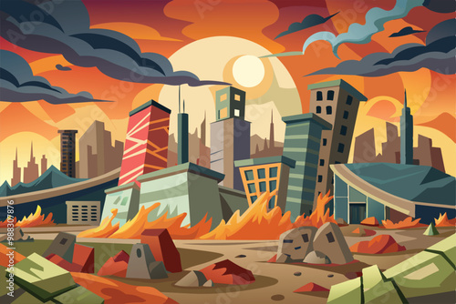 Burned and crumbling buildings dominate the landscape against a dramatic sunset, highlighting the aftermath of destruction in a once-thriving city.